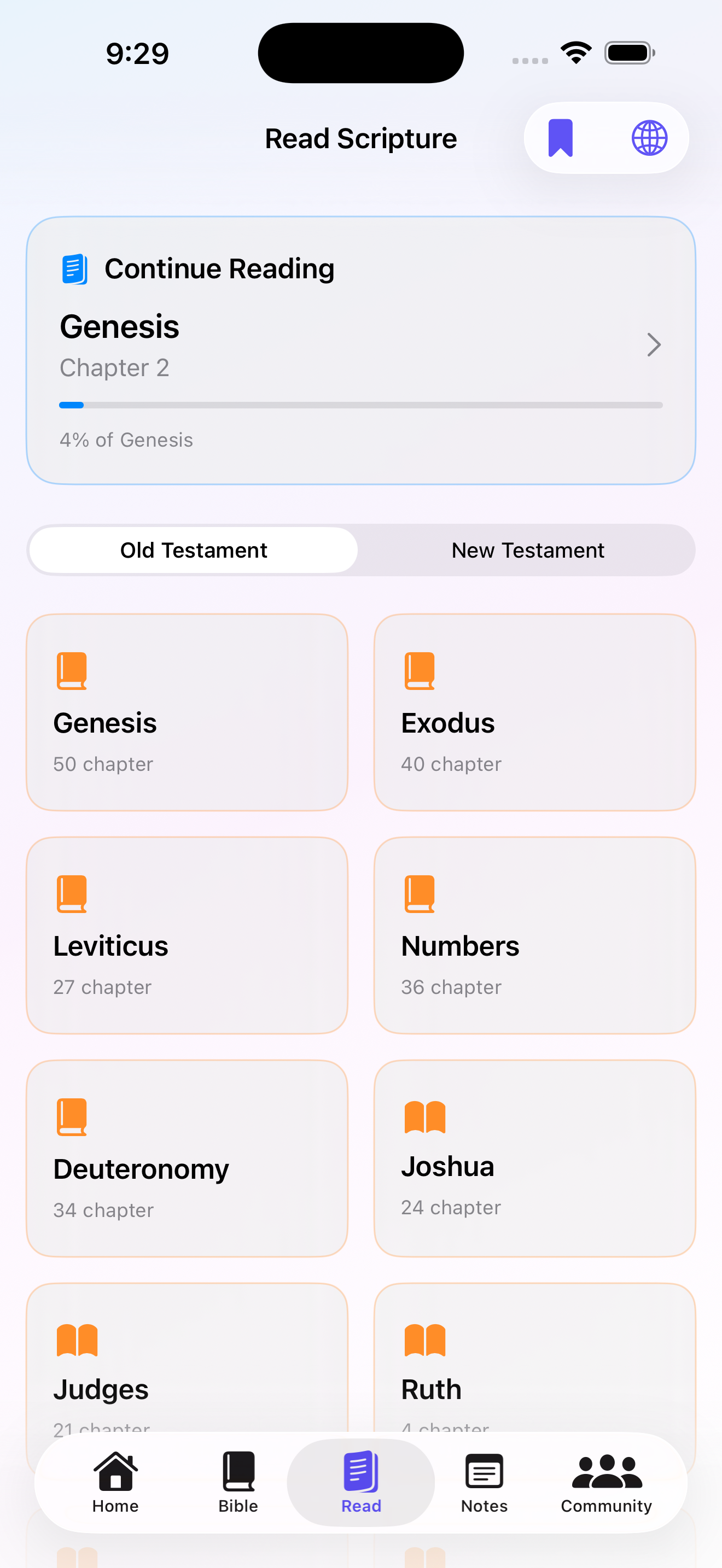 Athmana Read Scripture tab on iPhone showing Continue Reading card for Genesis Chapter 2 and Old Testament book grid